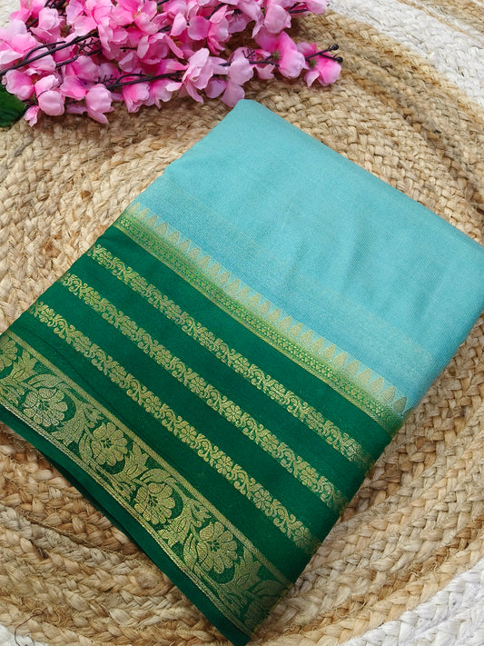 Sea Blue with Green semi Mysore crepe silk saree