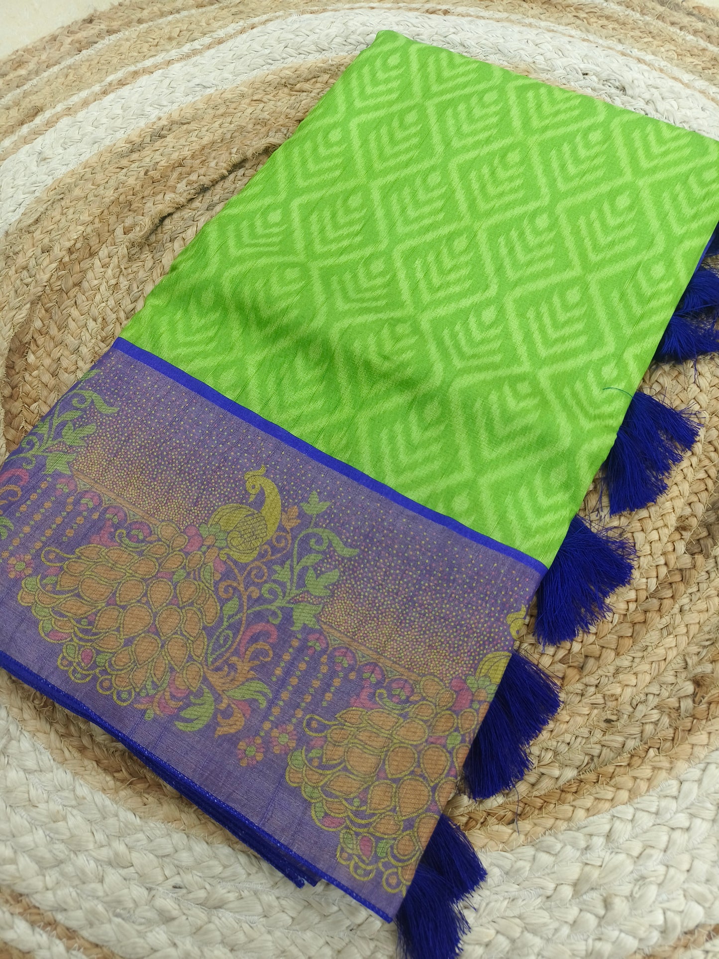 Parrot green with purple tusser silk saree