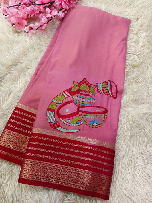 Pink with Red Semi Mysore crepe Silk saree