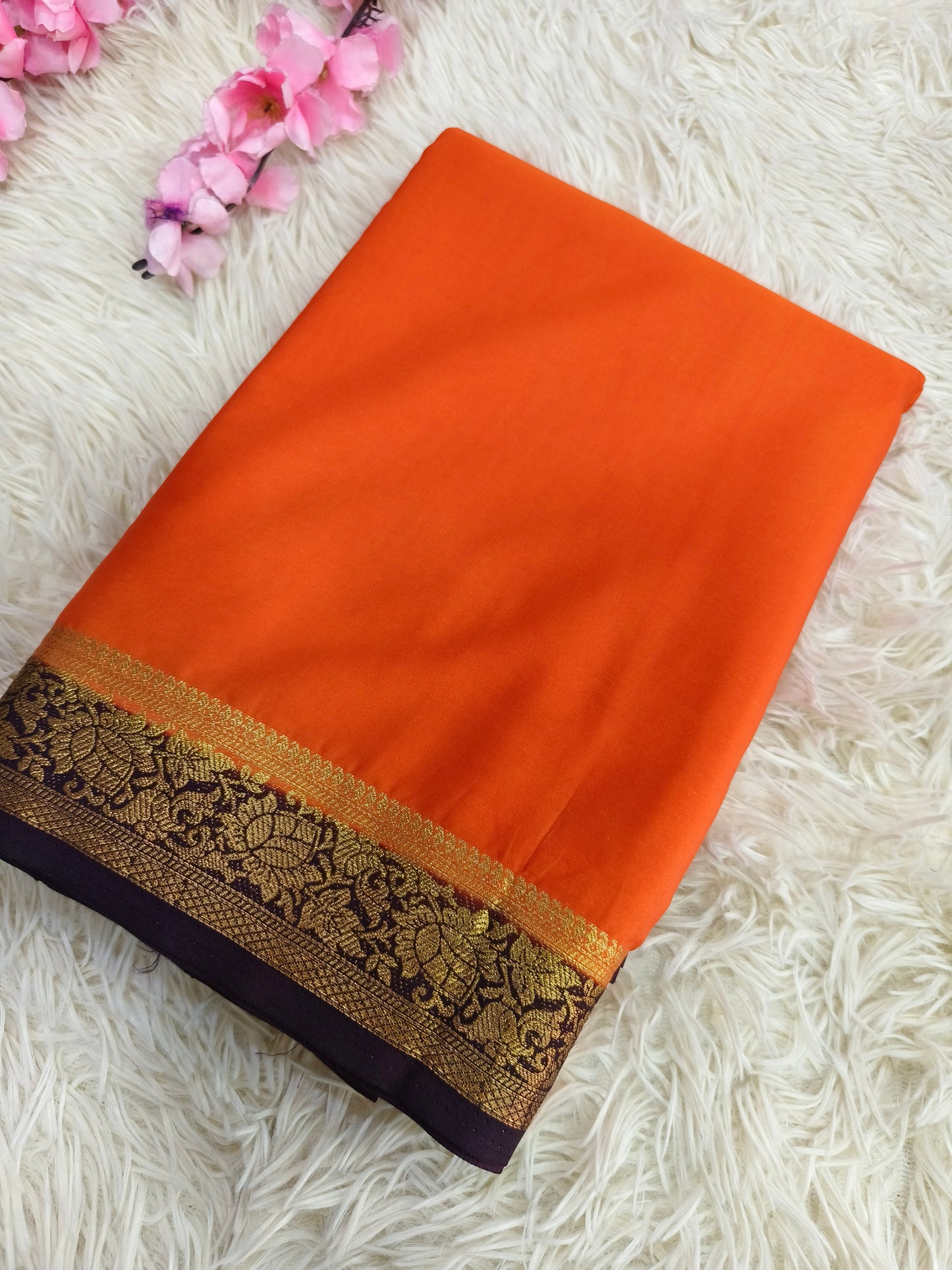 Orange with brown semi Mysore crepe silk