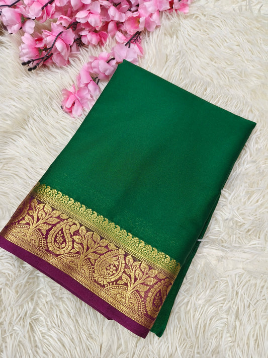 Bottle Green With Maroon semi Mysore crepe silk