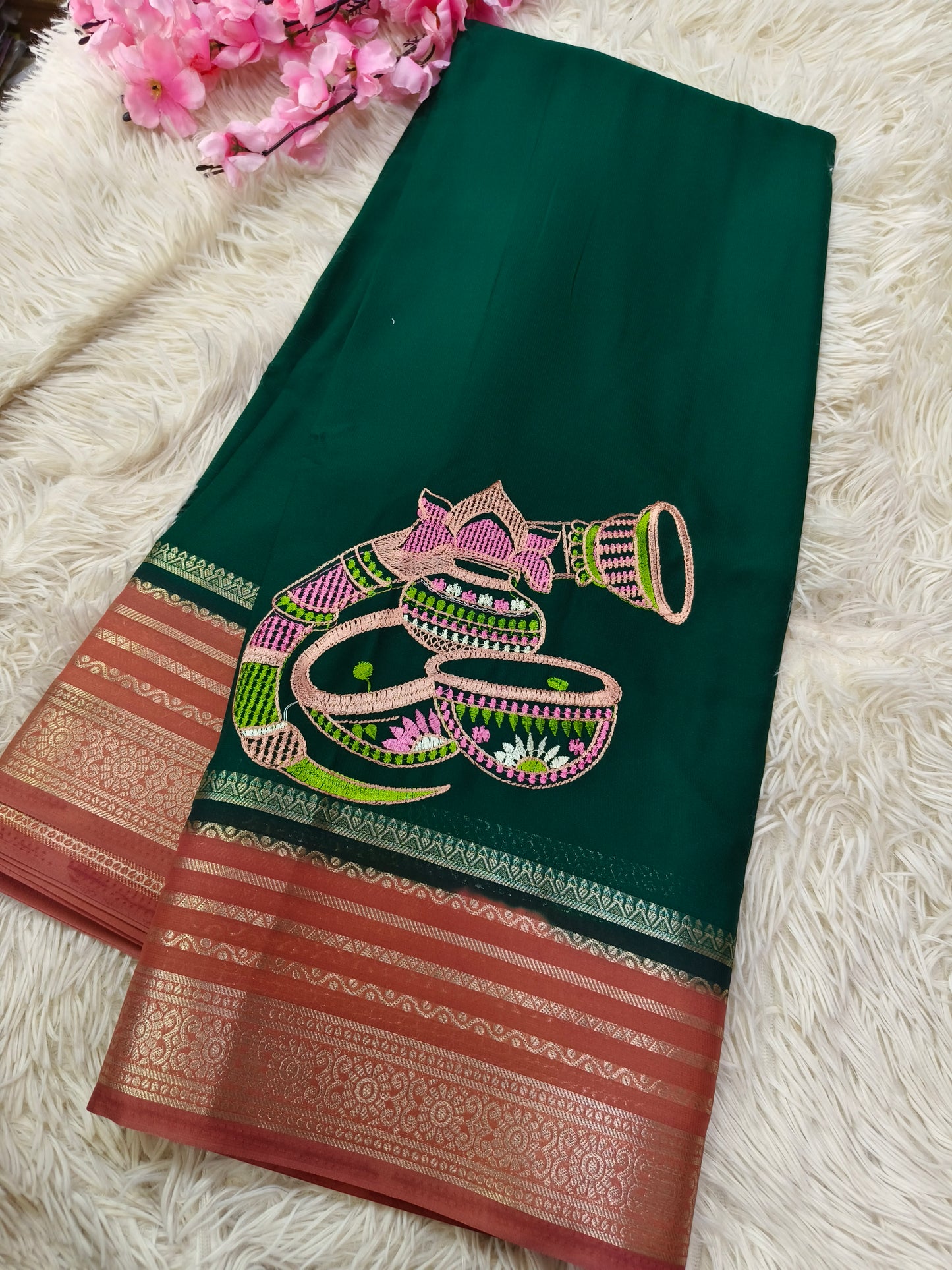 Green With Light Brown semi Mysore crepe Silk saree