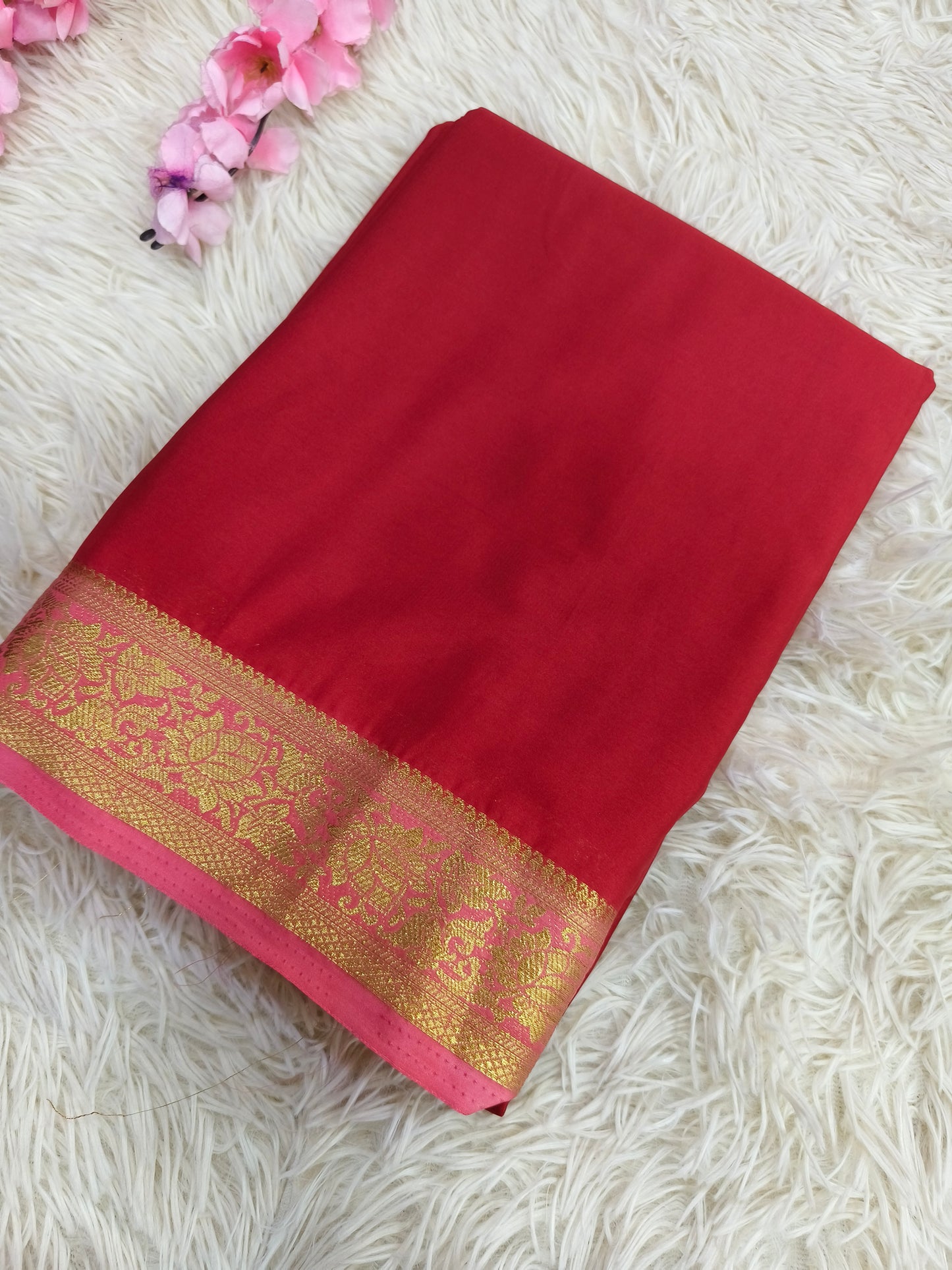 Red with baby pink semi Mysore crepe silk