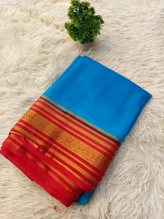 Sky blue with Red semi Mysore crepe silk saree