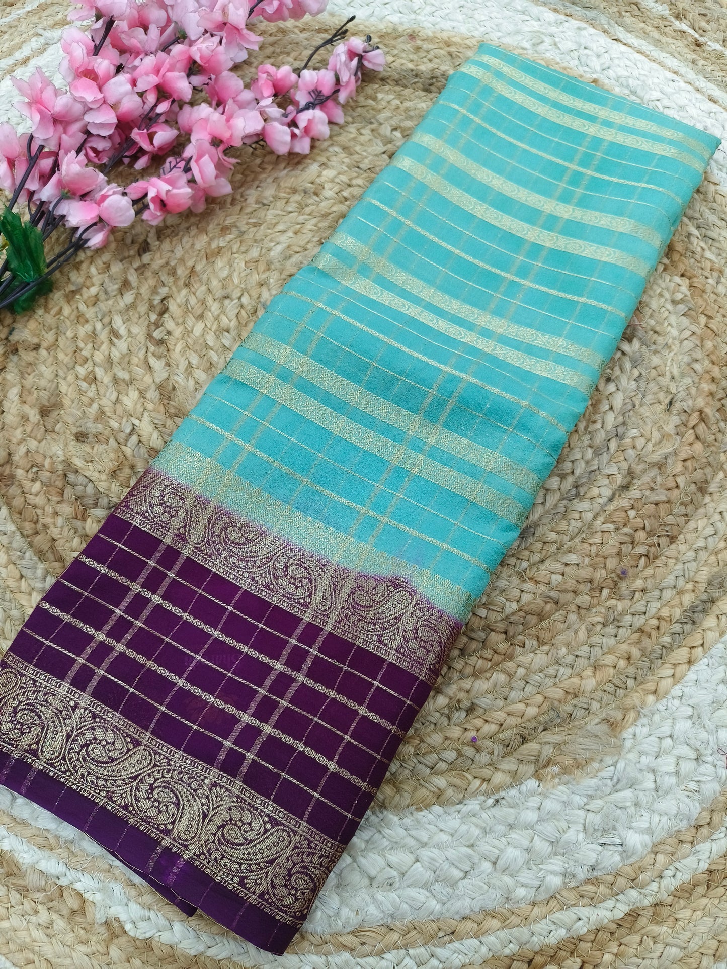 Blue with Wine crepe Georgette saree
