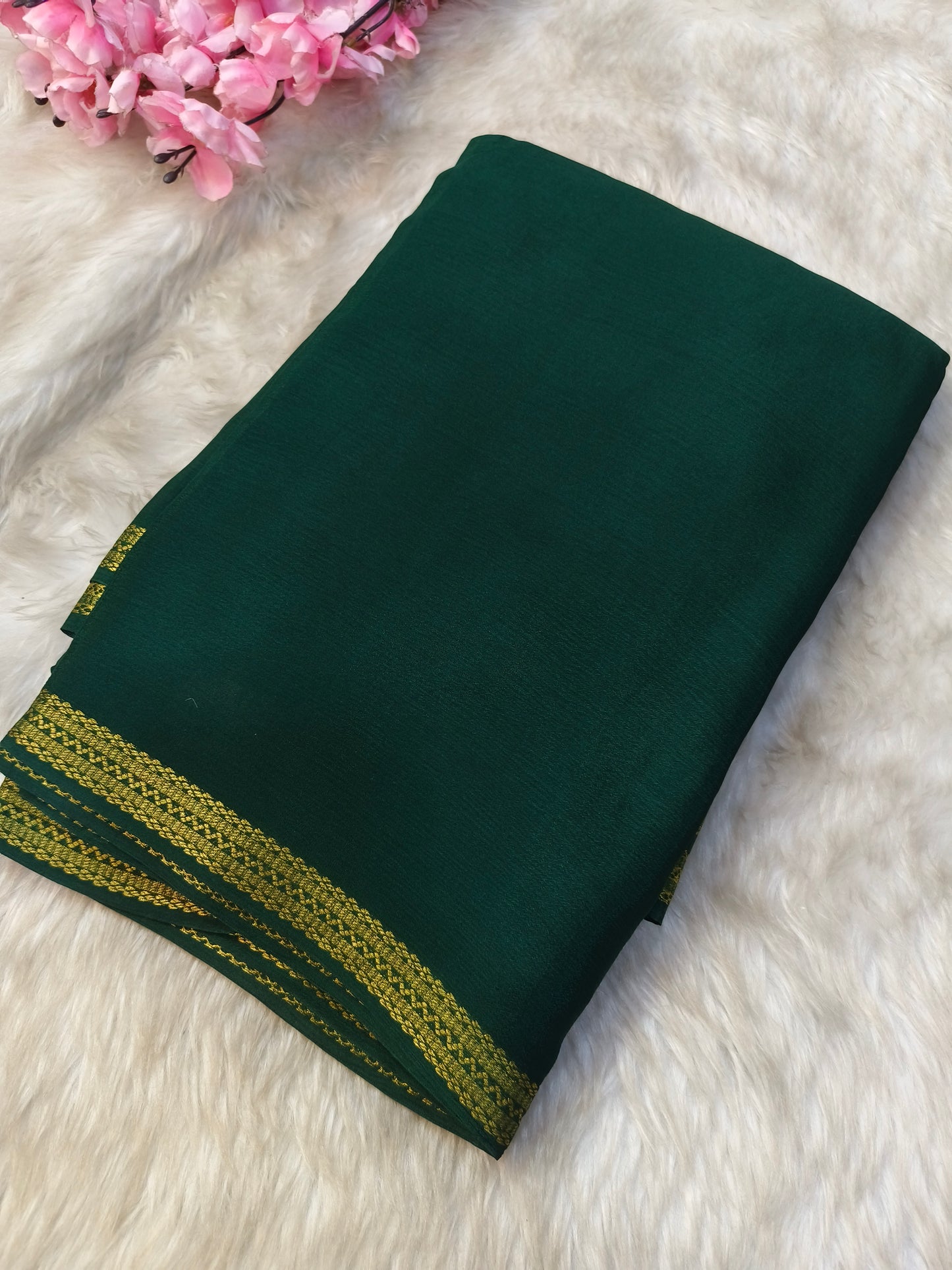 Bottle green with maroon semi Mysore crepe silk saree