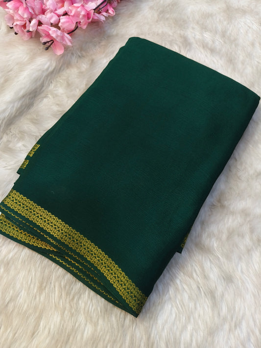 Bottle green with maroon semi Mysore crepe silk saree