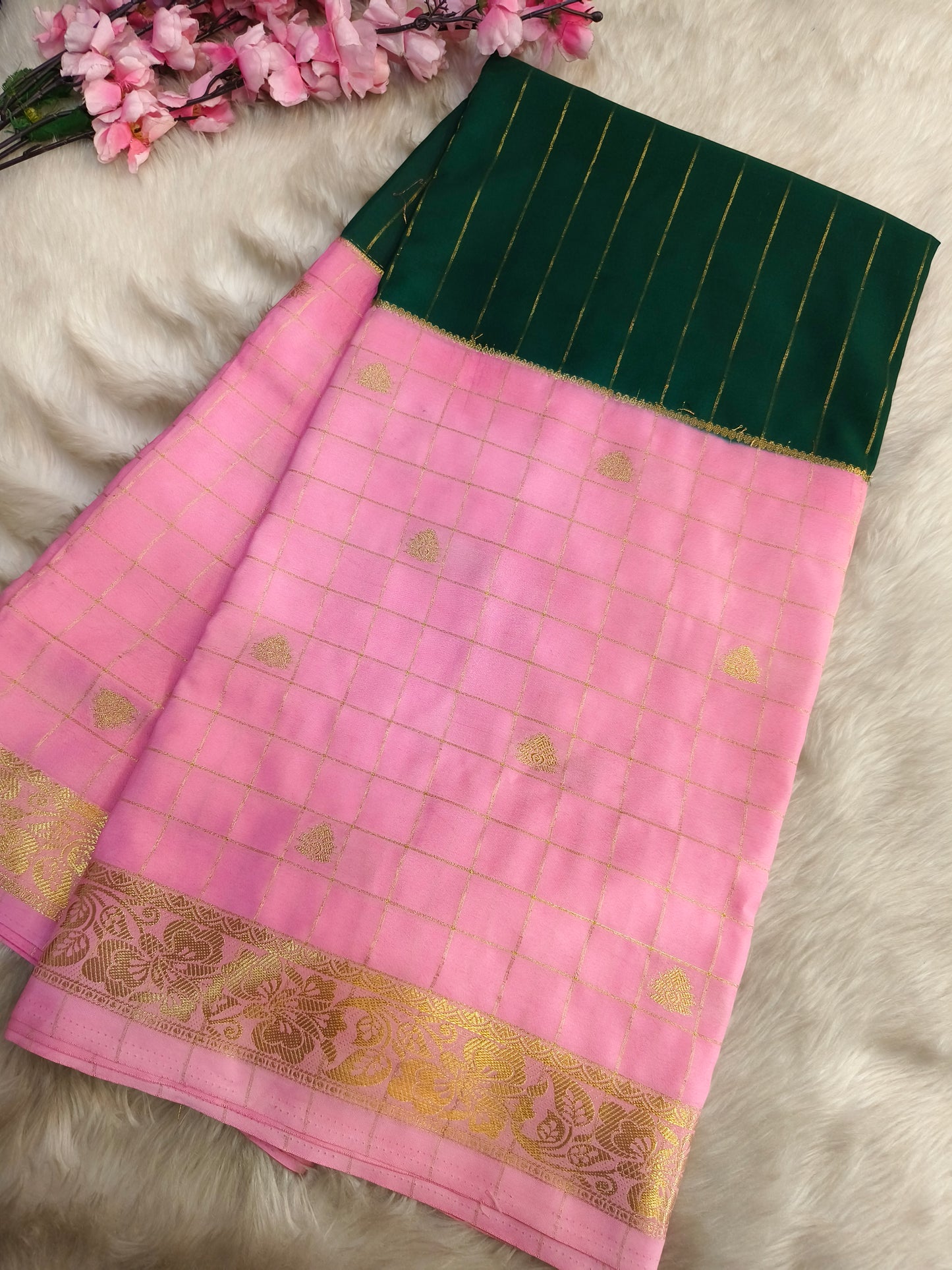 Green With Baby Pink Semi Mysore crepe silk saree