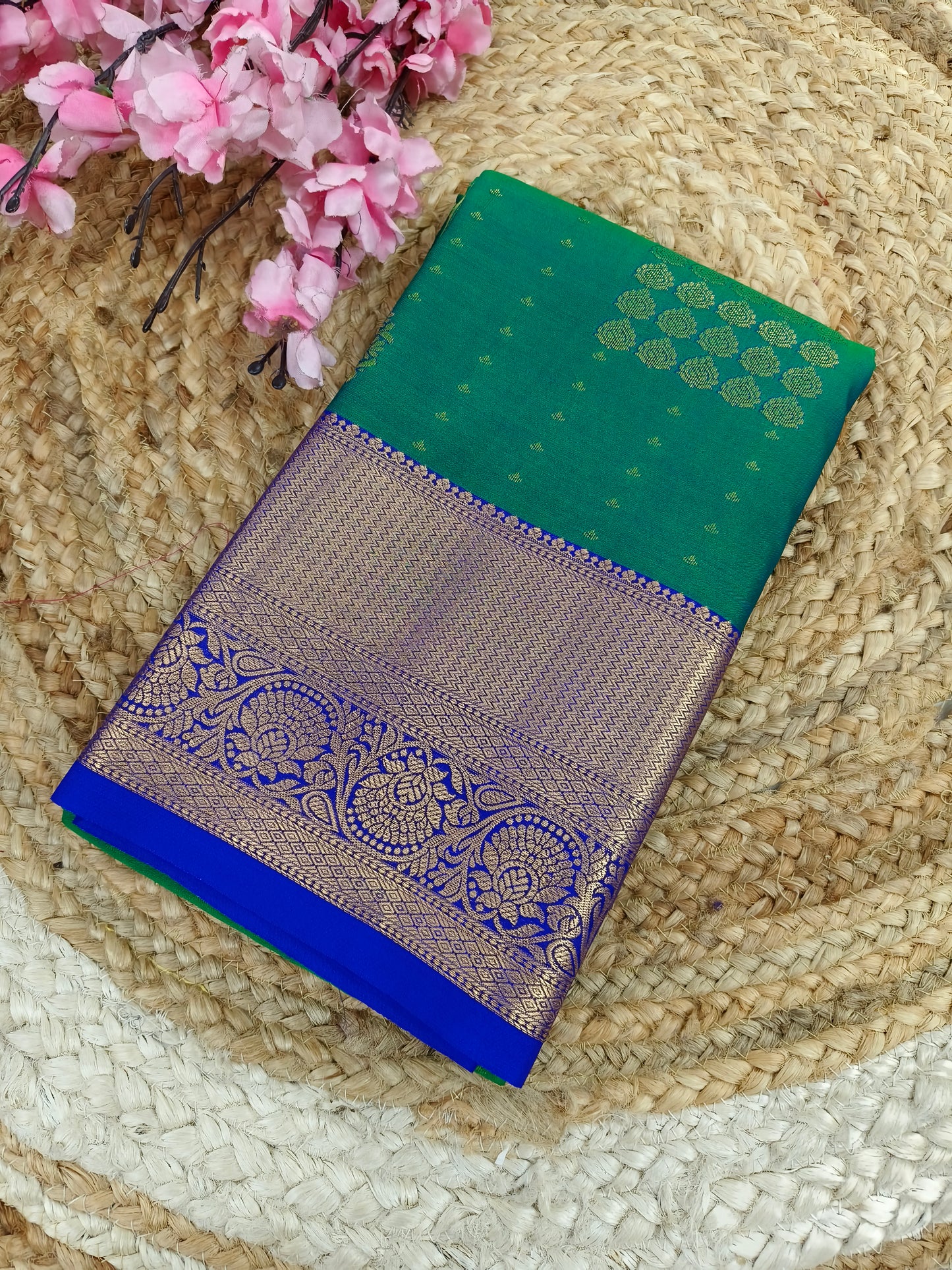 Bottle green with blue Elegant semi kanjivaram silk saree