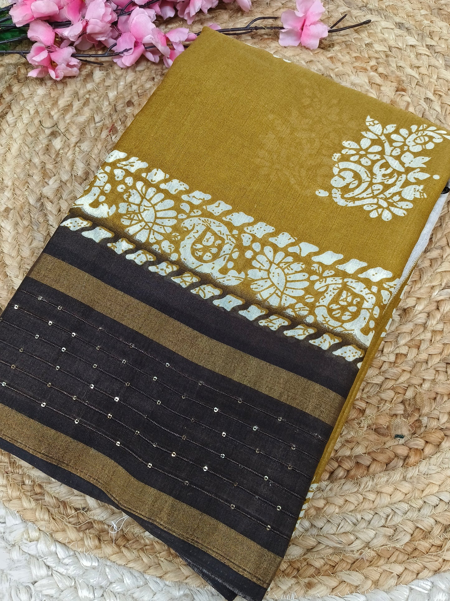 Mustard yellow with Brown sequence saree