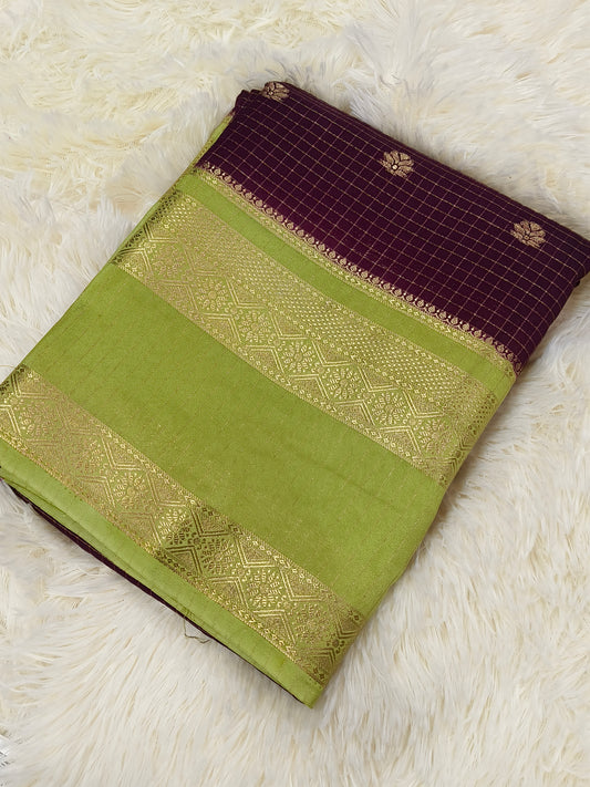 2D CHEX WINE COLOR SEMI MYSORE CREPE SILK