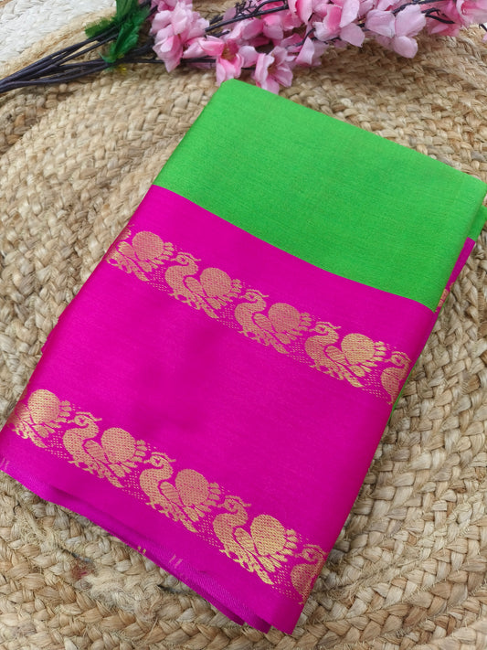 Parrot green with pink Gadwal silk saree