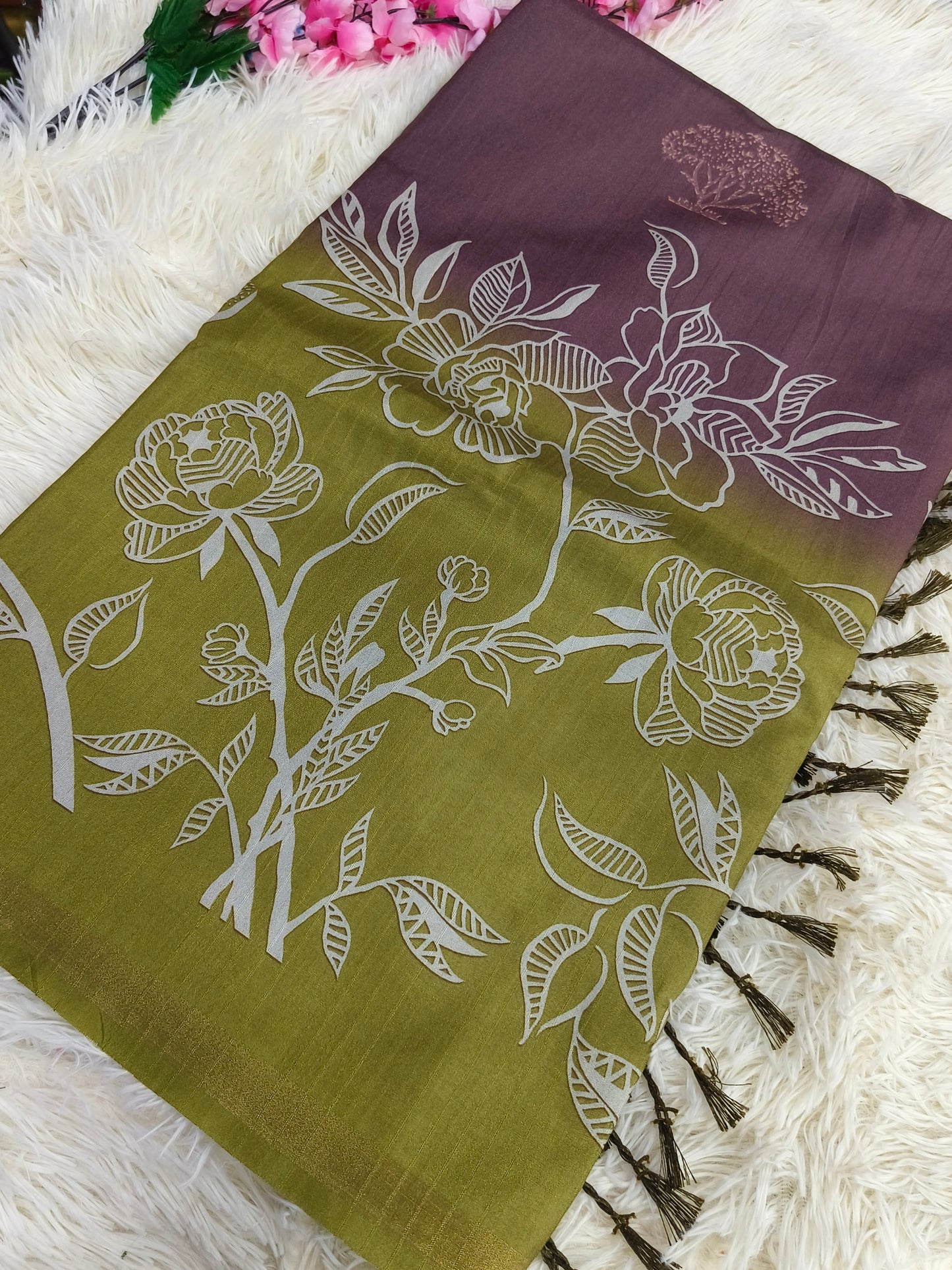 Mauve With Green Tussar silk saree