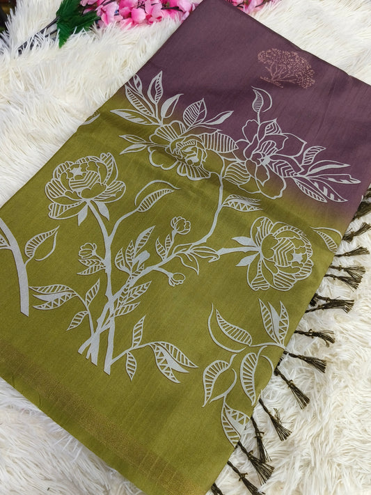 Mauve With Green Tussar silk saree