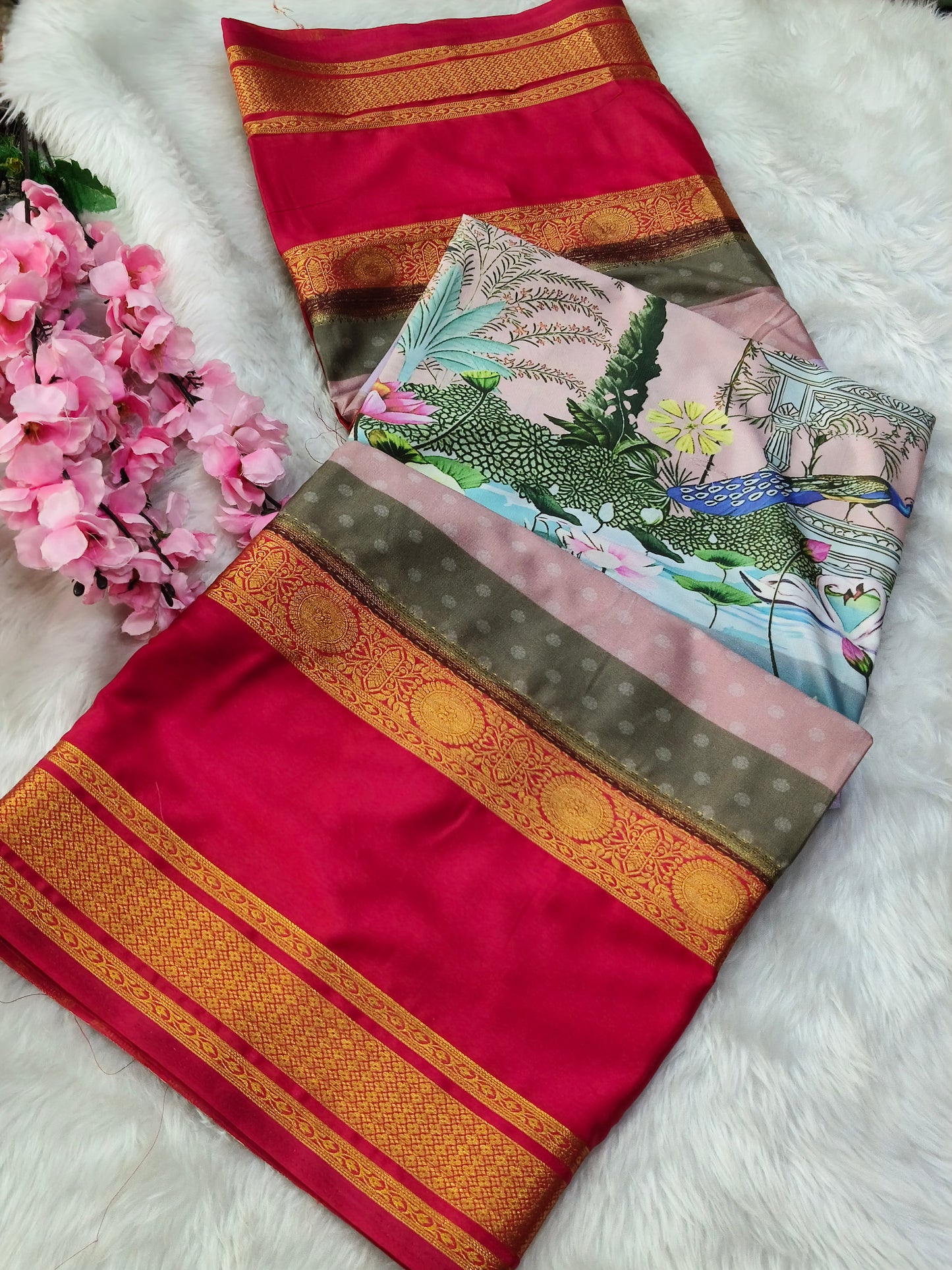 Rediesh Pink Digital printed semi Mysore crepe silk saree