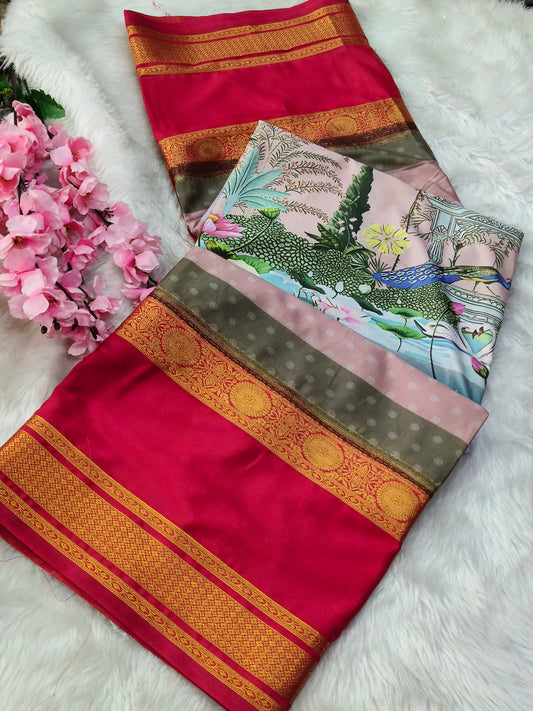 Rediesh Pink Digital printed semi Mysore crepe silk saree