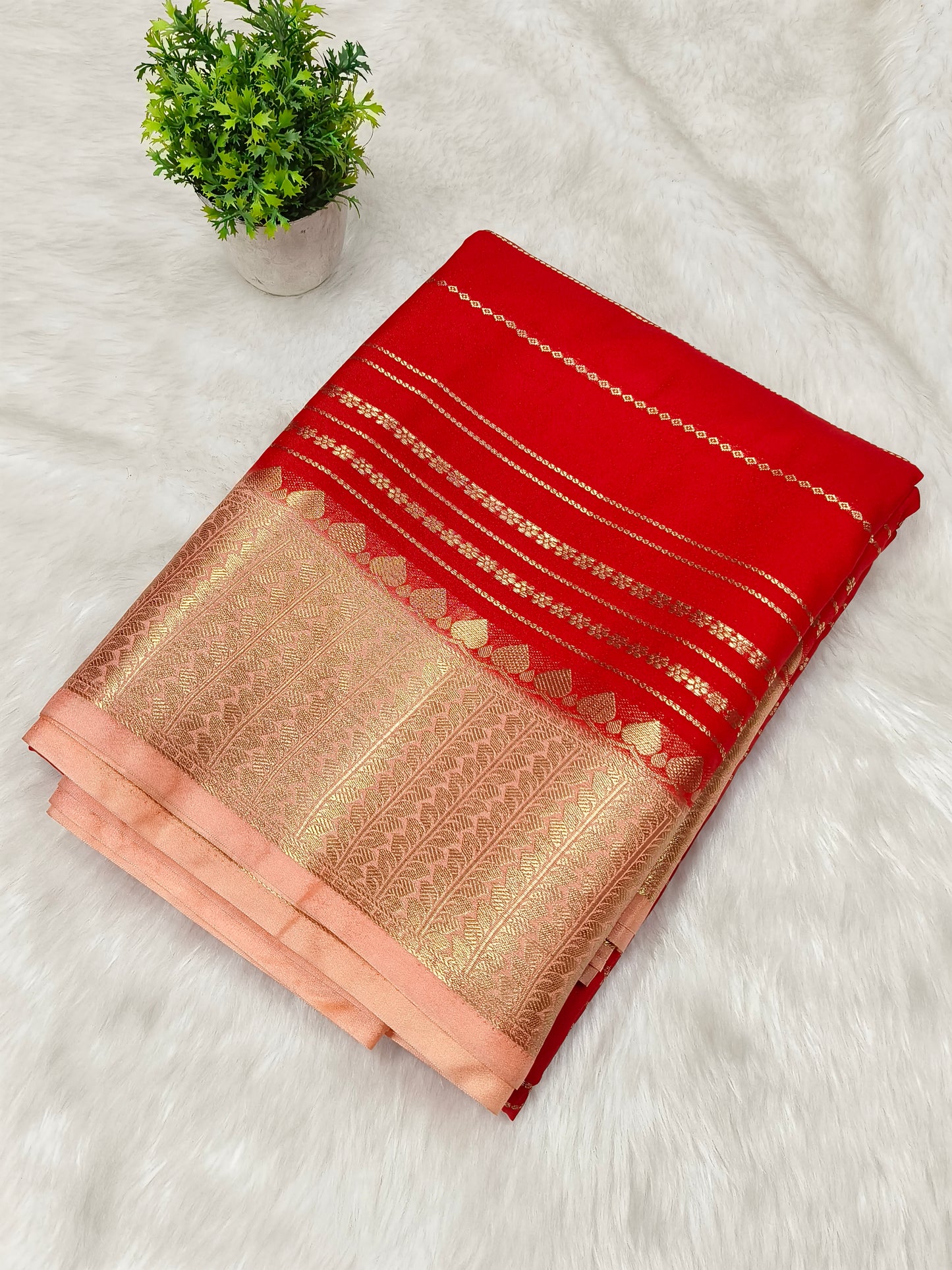 Red With Peach semi Mysore crepe silk saree