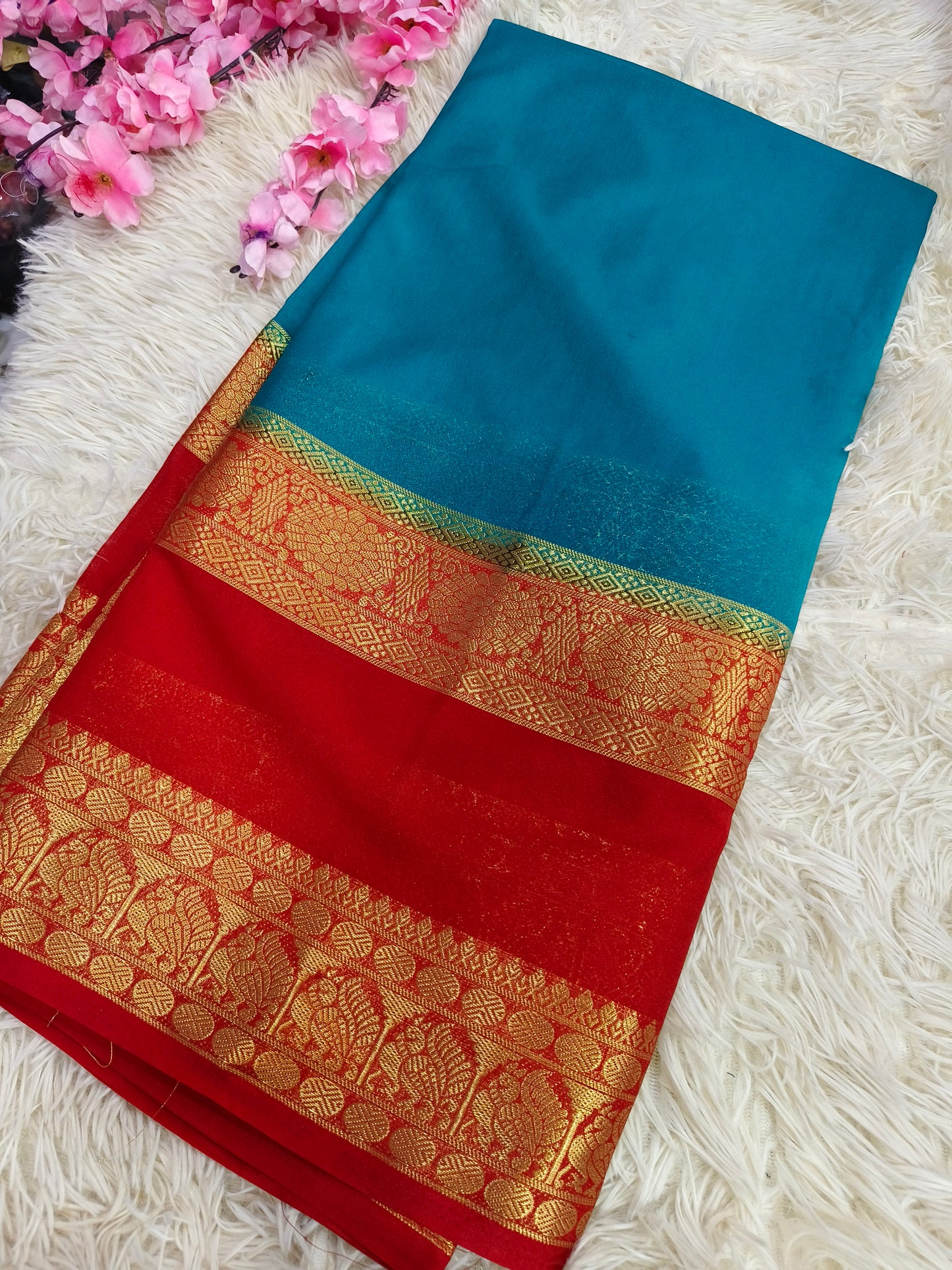 Sky blue with Red semi Mysore crepe silk