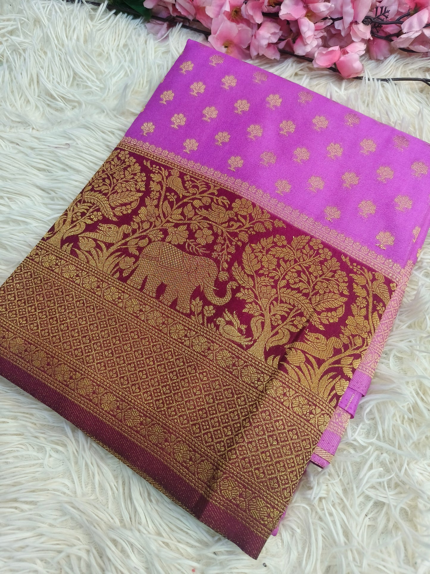 Rose Pink with maroon Banarasi georgette silk saree