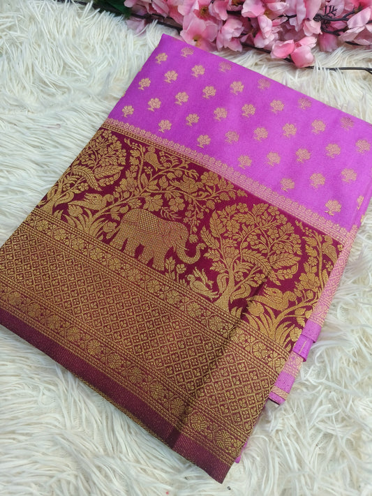 Rose Pink with maroon Banarasi georgette silk saree