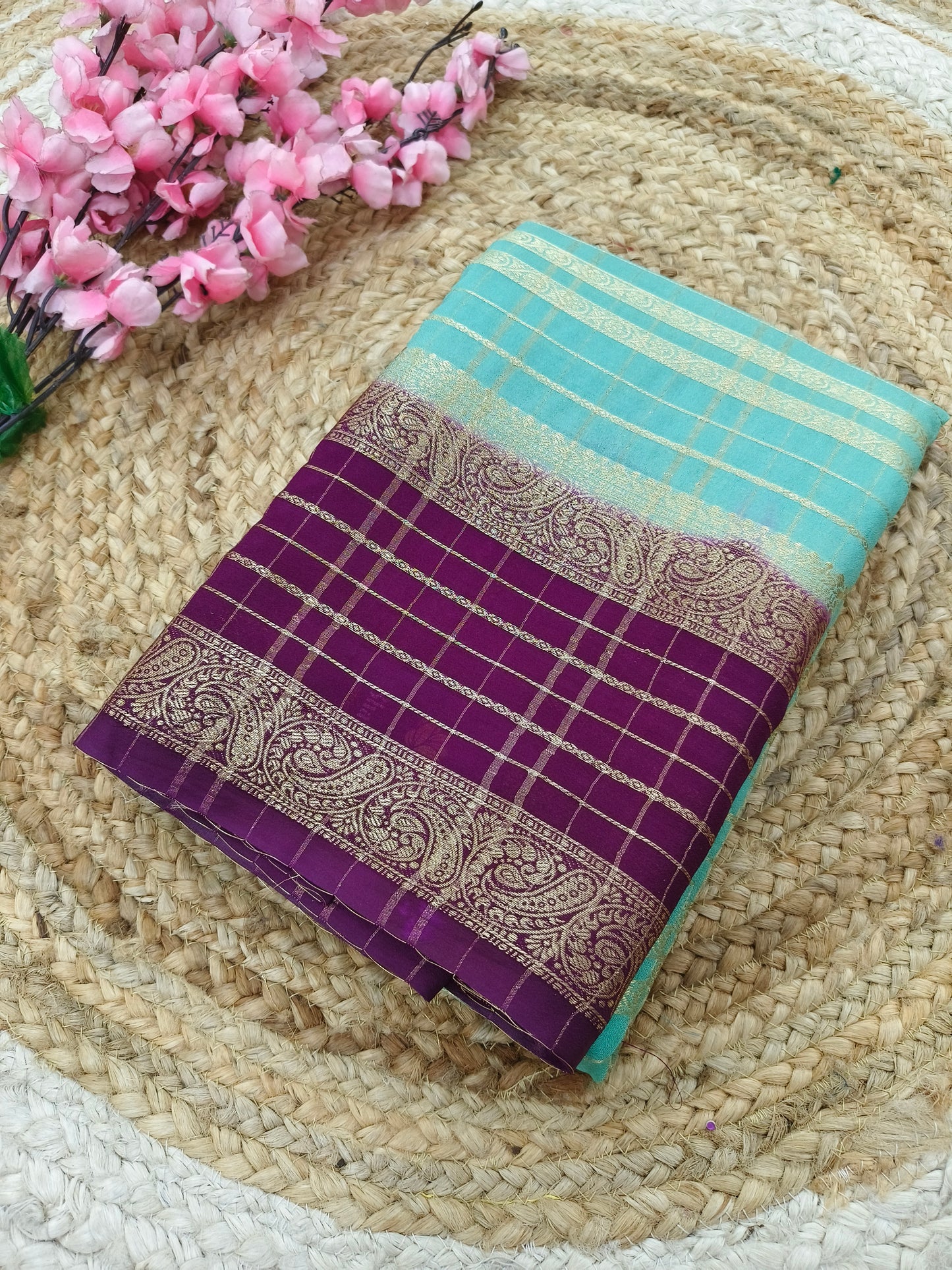 Blue with Wine crepe Georgette saree