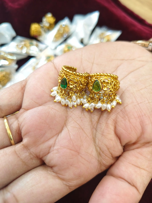 Emerald Temple Ear Cuffs (vintage bugadi)  with Pearl Drops