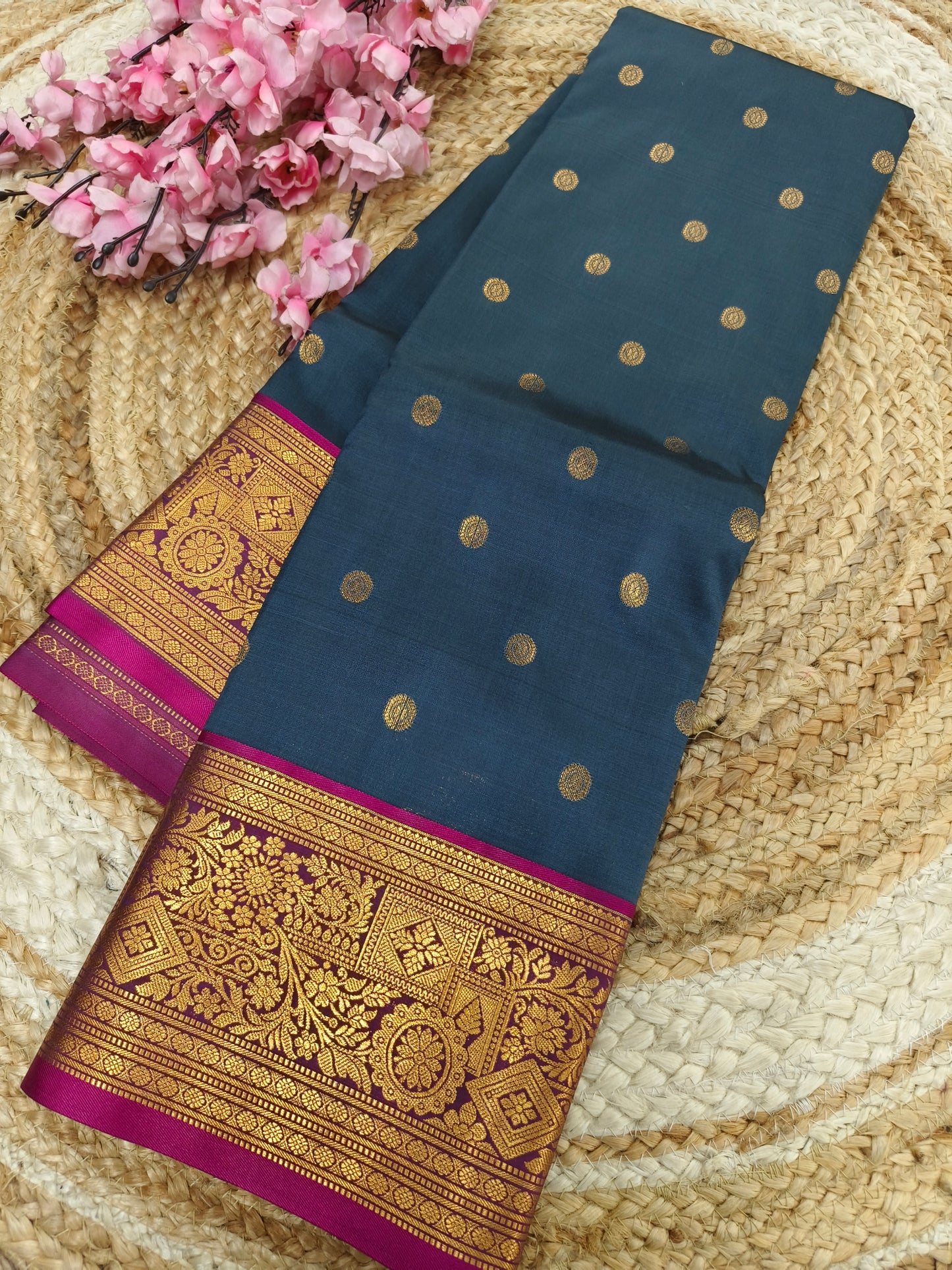 Dark grey with Rani pink Elegant soft semi kanjivaram silk saree