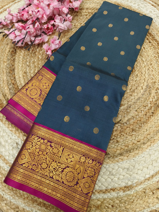 Dark grey with Rani pink Elegant soft semi kanjivaram silk saree