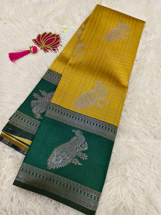 Yellow with green  Mercidised silk saree