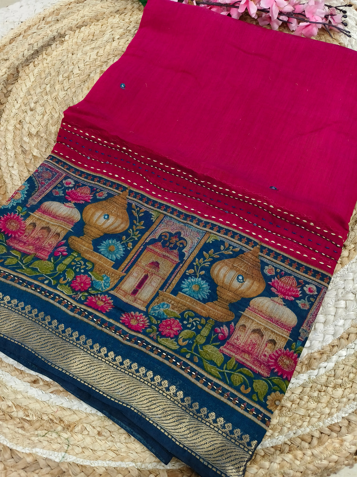 Deep Magenta With Teal Blue Printed Cotton Silk Saree