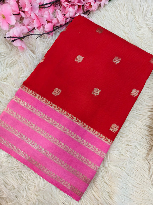 DN-3 Red With Pink Semi Mysore crepe silk saree