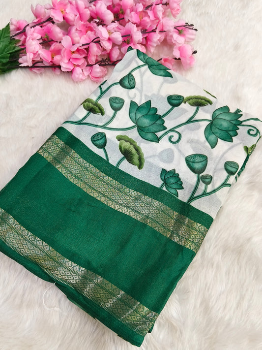 Green  with white  moss chiffon saree