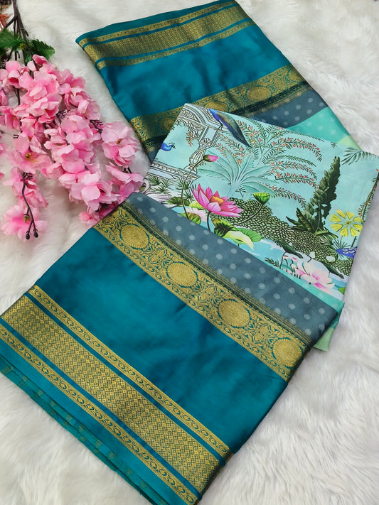 Rama Blue Digital printed semi Mysore crepe silk saree