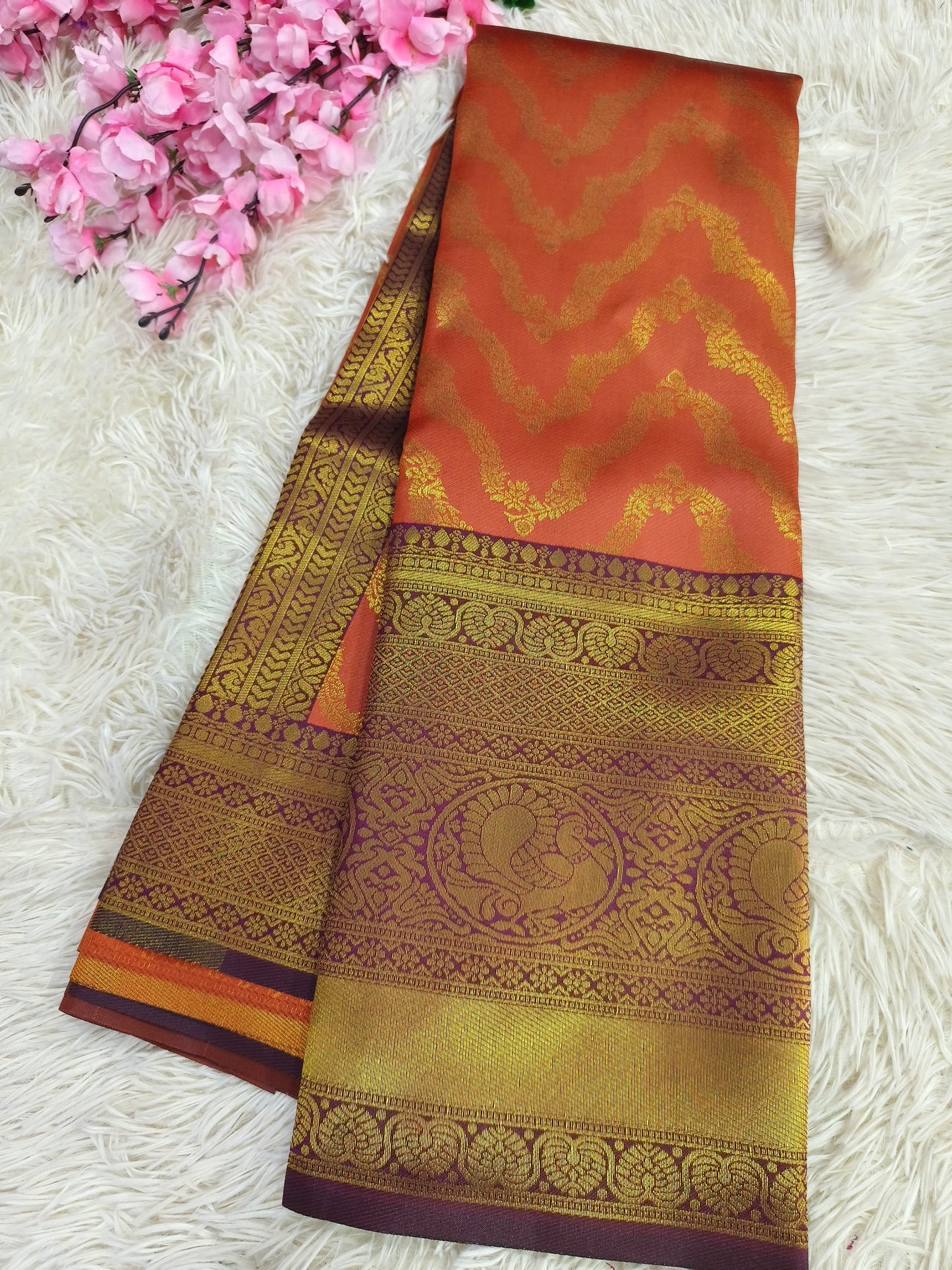 Rustic orange with Brown Bridal semi silk saree