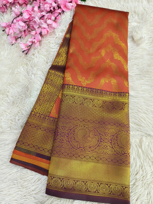 Rustic orange with Brown Bridal semi silk saree