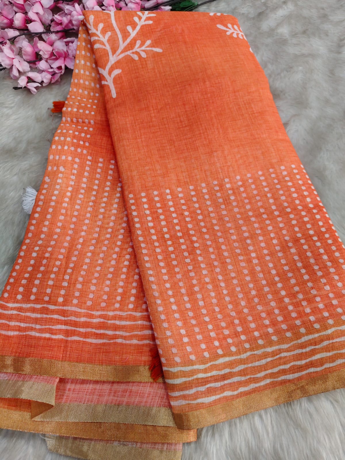 Orange  Linen cotton saree