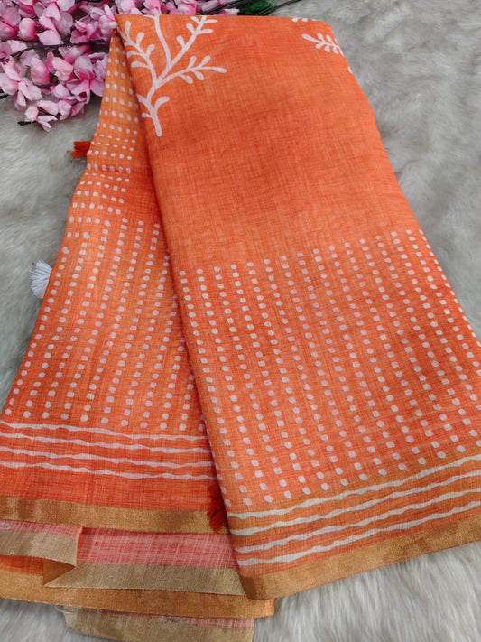 Orange  Linen cotton saree