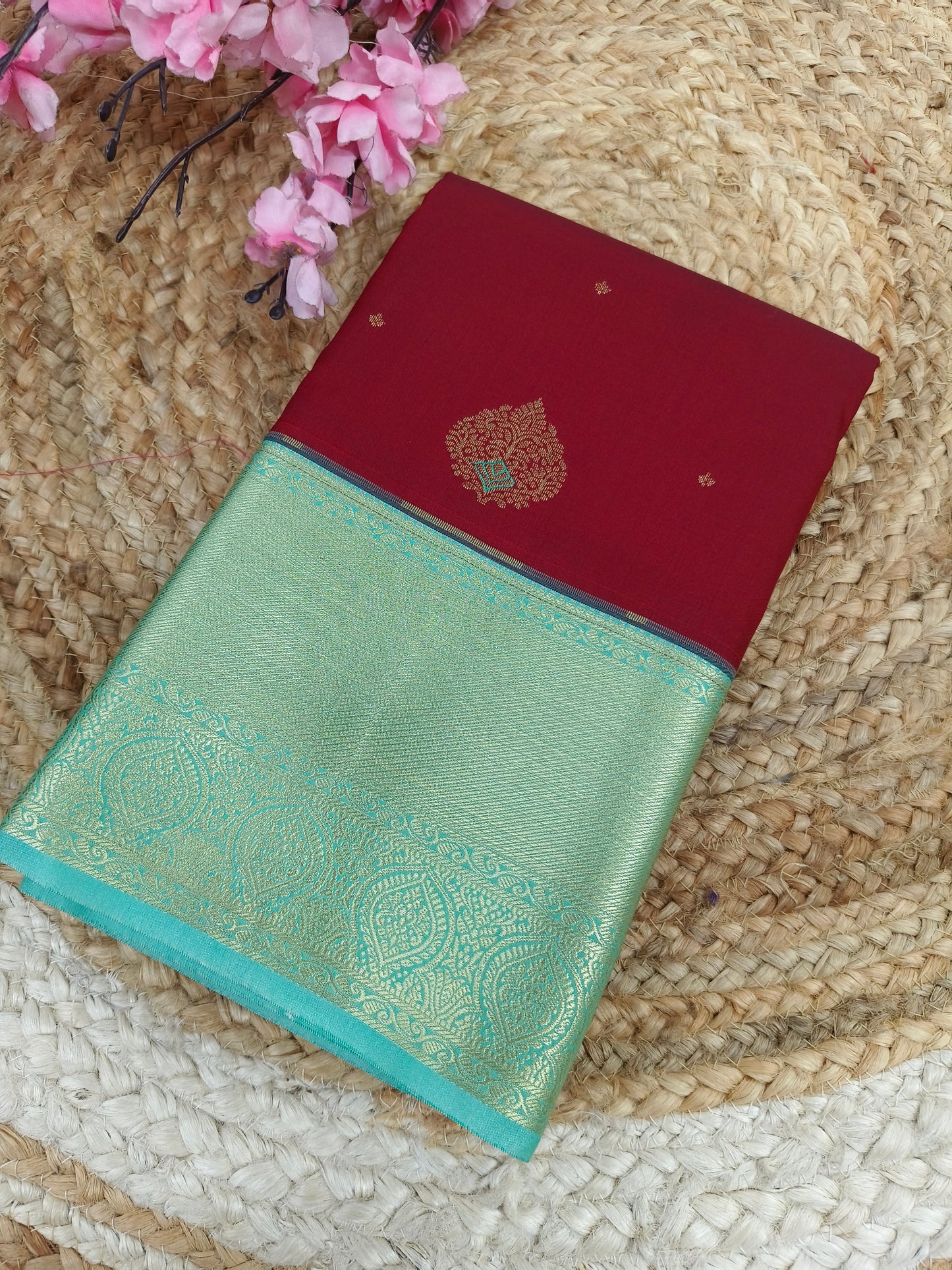 Maroon with blue Elegant semi kanjivaram silk saree