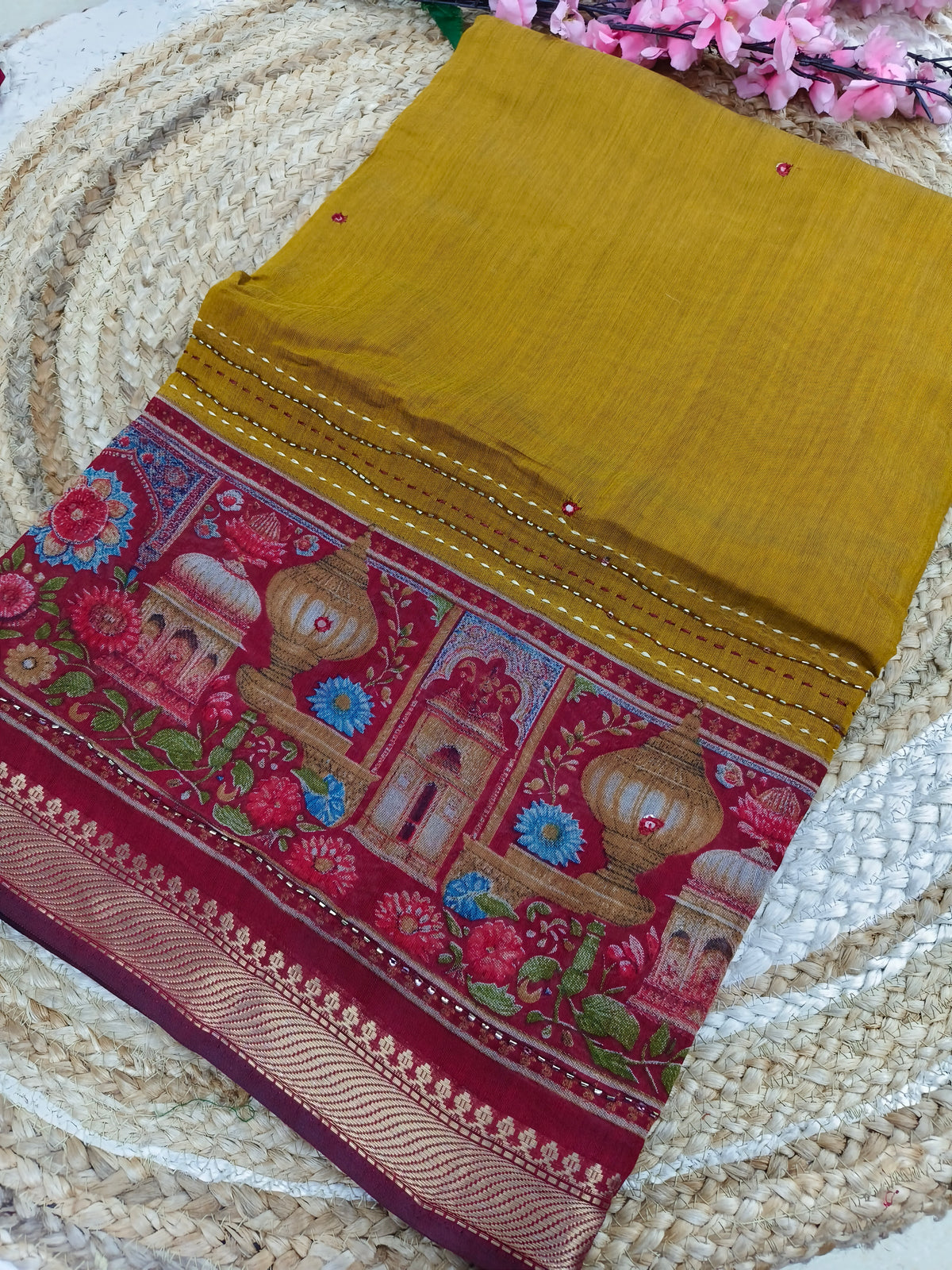 Mustard yellow with maroon Printed Cotton Silk Saree