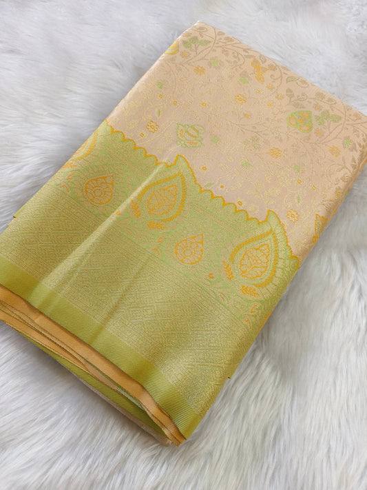 Cream with Green Soft satin Silk saree