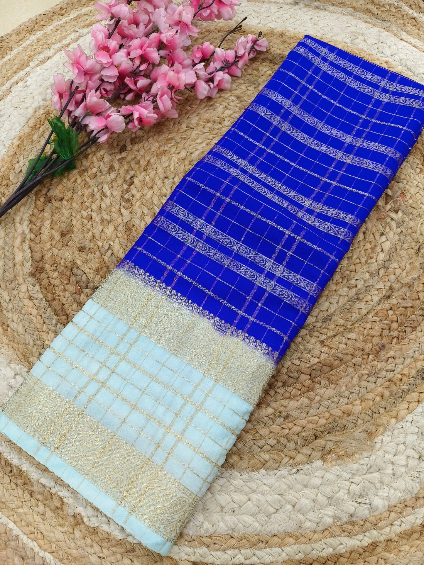 Royal blue with blue  botcrepe Georgette saree