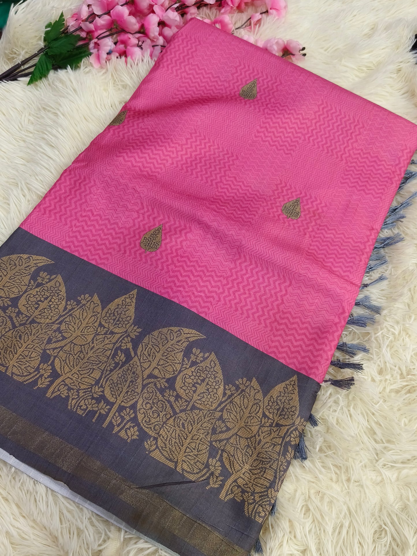 Pink With Gery Tussar silk saree