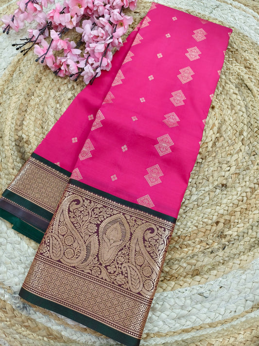 Rani pink with Green Elegant  soft semi kanjivaram silk saree