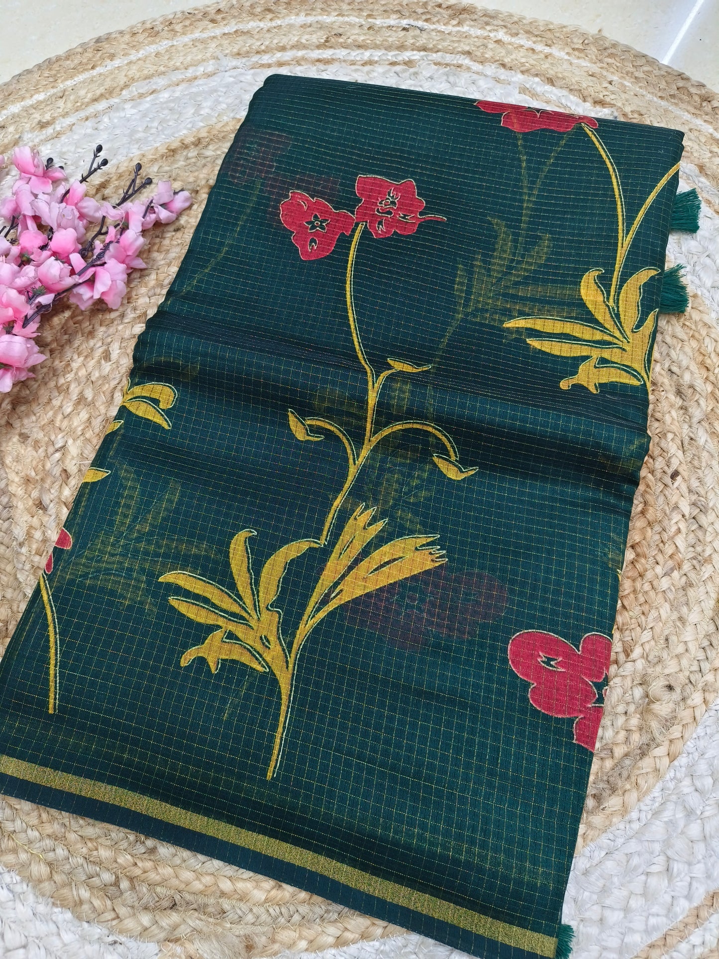 Elegant Forest Green Floral Kota Silk Saree