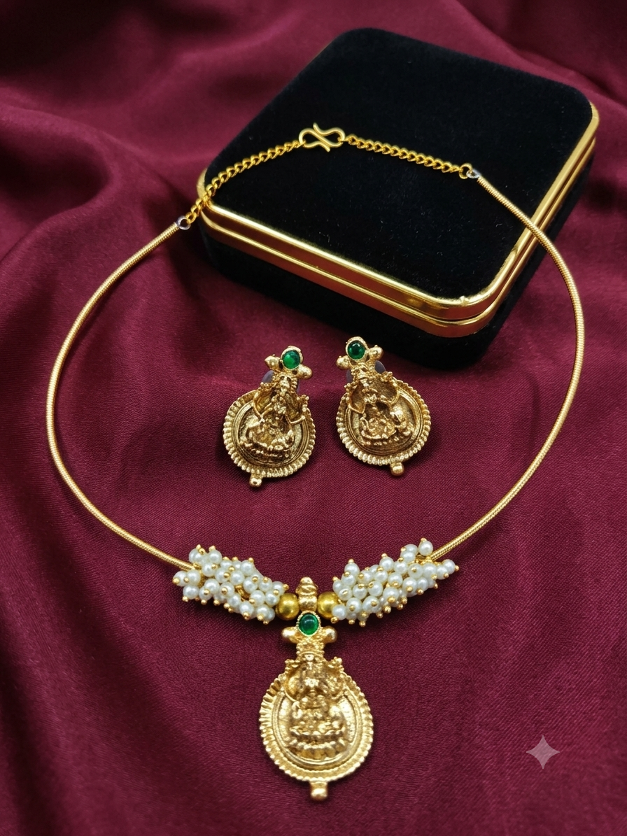 Divine Lakshmi Pearl Wire Necklace Set