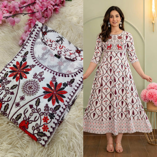 White with Wine Cotton Anarkali Top