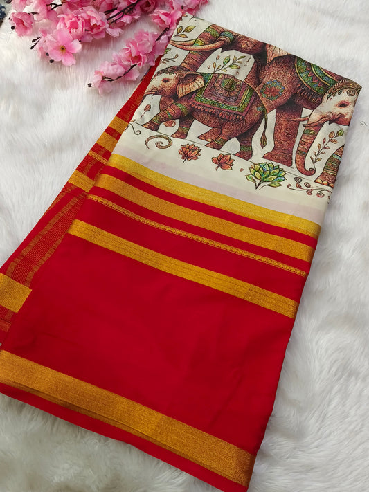 Red elephant Digital printed semi Mysore crepe silk saree