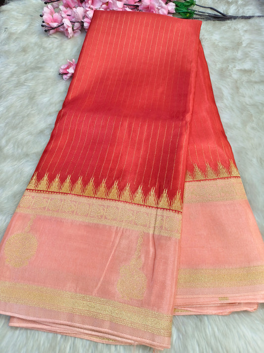 Red with peach Munga silk saree