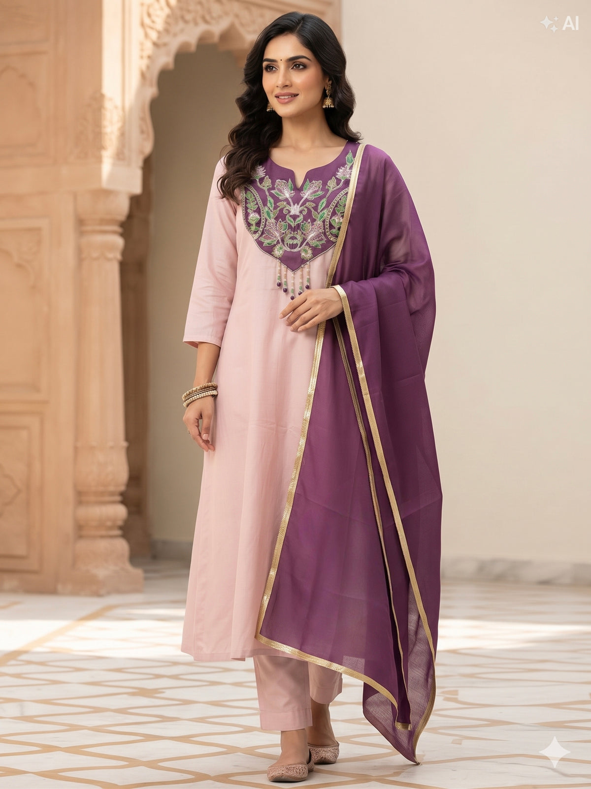 Elegant soft Pink with Purple Malchanderi A - Line suits