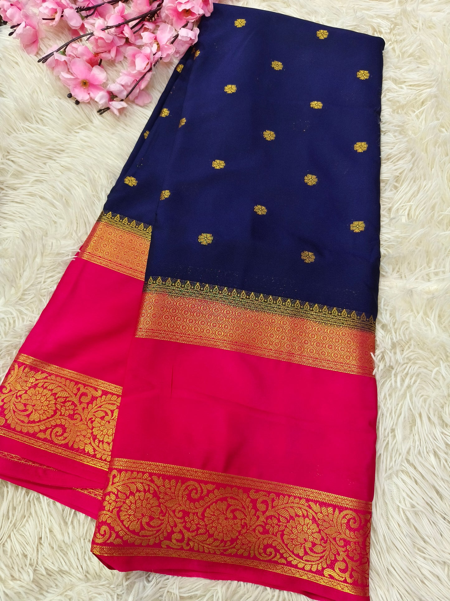 Neavy blue with pink Semi Mysore crepe silk saree